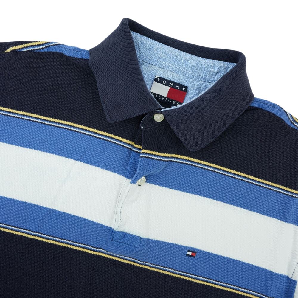 Vintage Tommy Hilfiger Polo Shirt Mens M Blue White Stripe Y2K Streetwear Preppy